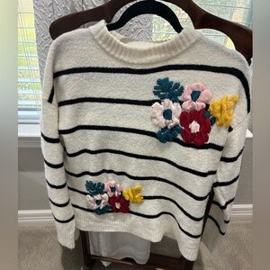 Zara White and Black Striped Sweater with Floral Accents